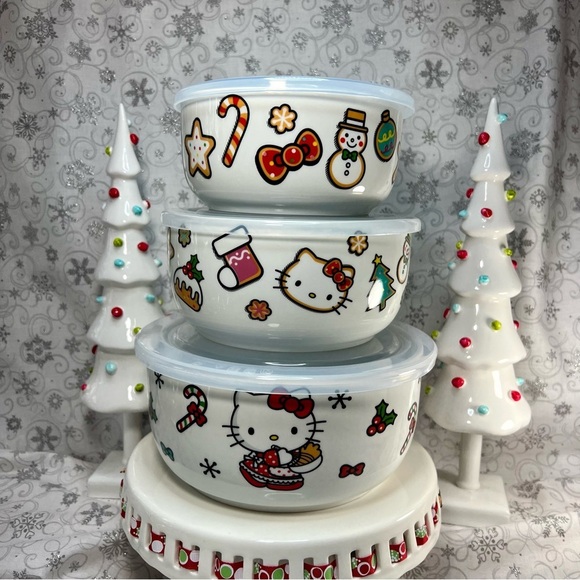 Christmas Sanrio Hello Kitty Gingerbread Candy Cane Ceramic Nesting Food Storage - Picture 2 of 14